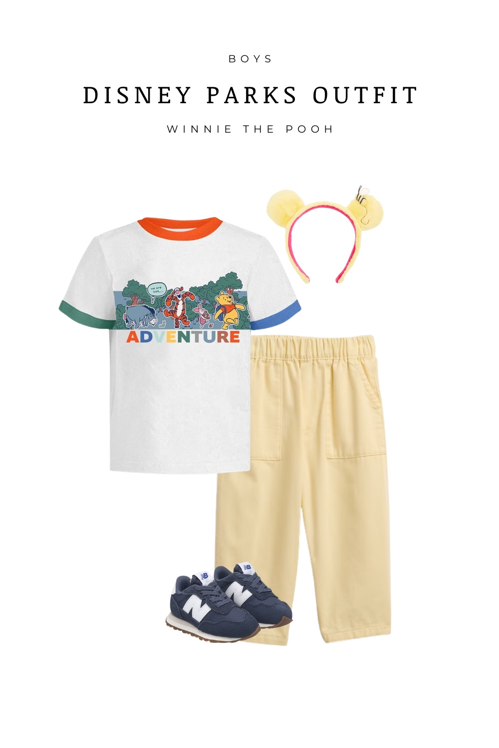 Cute boys Disney parks outfit inspired by Winnie the Pooh and friends. This kids Disney outfit features a Winnie the Pooh graphic tee, comfy yellow pants, character ears, and classic sneakers. A fun and comfortable outfit idea for Disney World, Disneyland, or a Disney Cruise. Perfect for toddlers and little boys who love Winnie the Pooh, Tigger, Piglet, and Eeyore.

#LTKKids