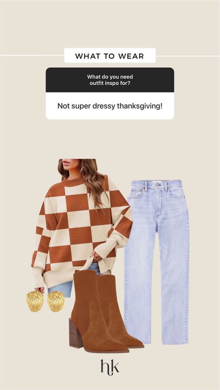 Casual-ish thanksgiving outfit. Jeans and an oversized sweater! Love this one bc of the checkered pattern ofc. Sweater, boots, and earrings all Amazon! 

#LTKCyberWeek #LTKSeasonal #LTKfindsunder50