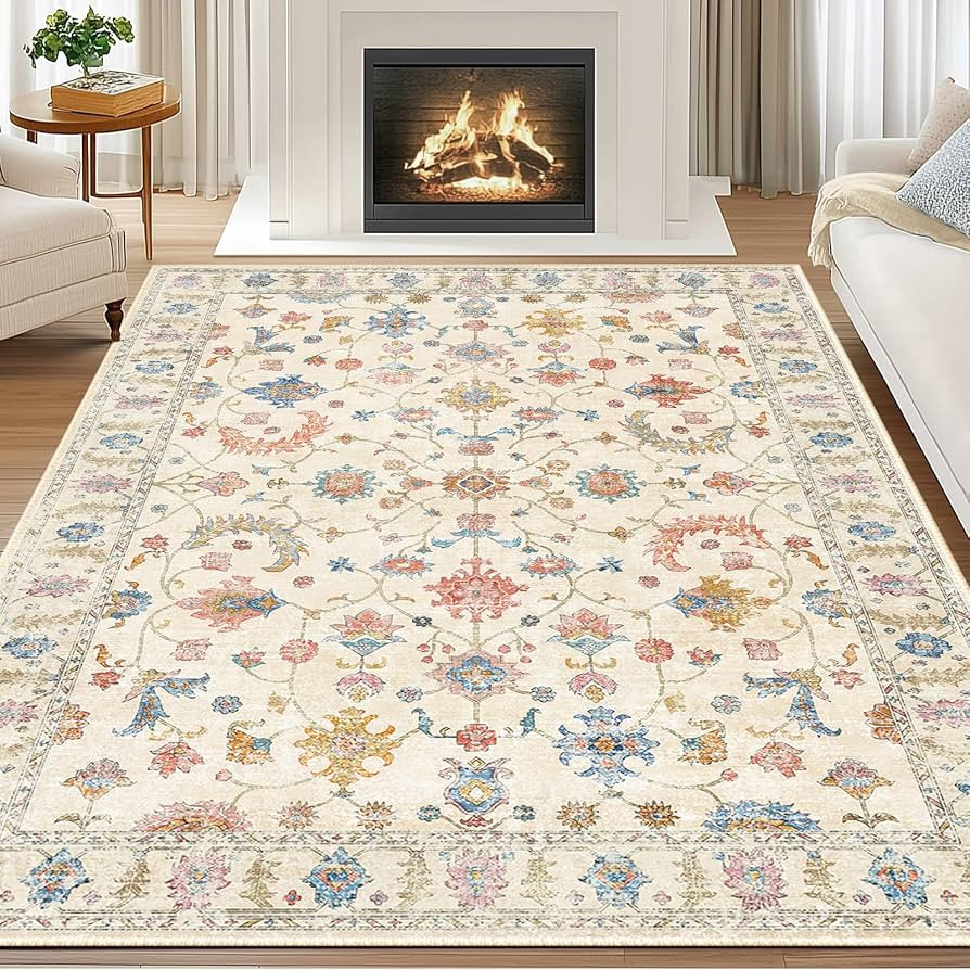 5x7 Area Rug Print Washable for Living Room Low Pile Non Slip Soft Thin Carpet Boho Vintage Floral Rug Stain Resistant for Bedroom Dining Room Kitchen Playroom Creamwhite | Amazon (US)