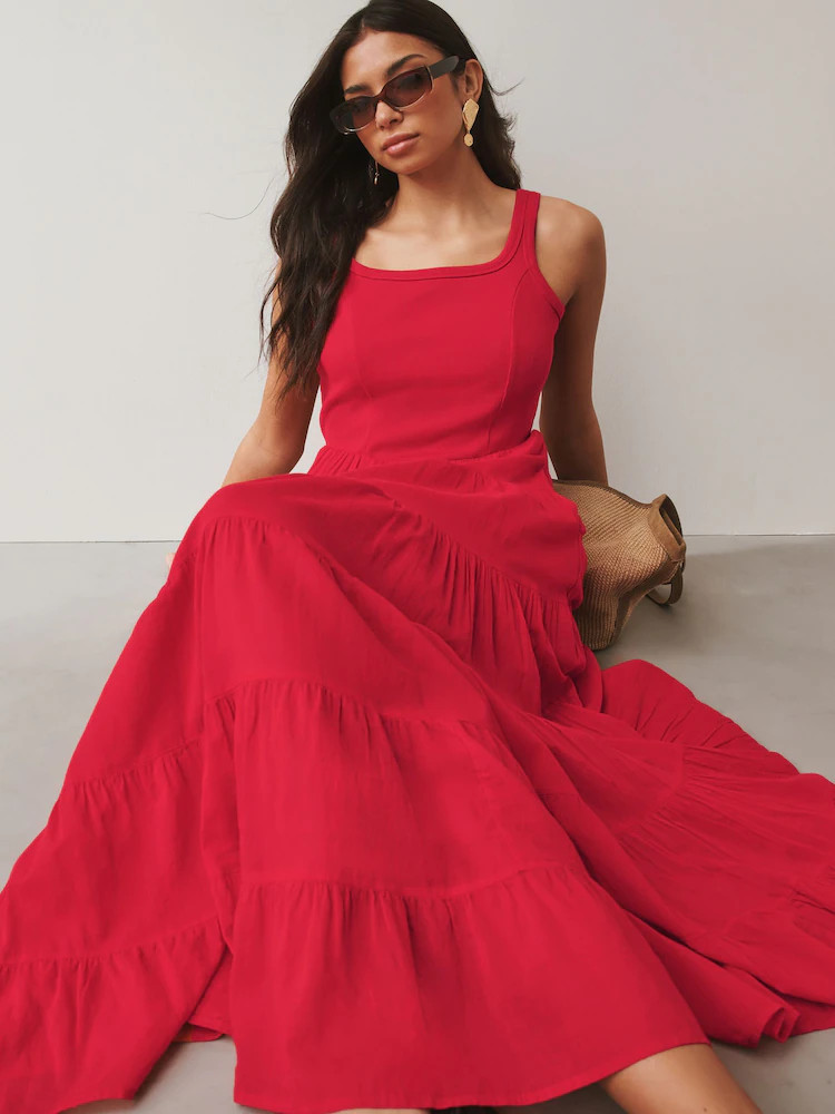 Red Sleeveless Square Neck Ribbed Midi Dress | Next US