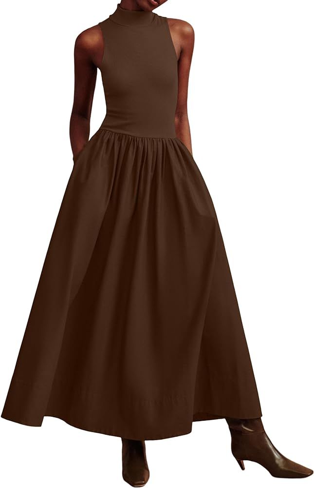 Sleeveless Maxi Dress for Women Patchwork Turtleneck Pullover Dresses with Pockets Casual Plain F... | Amazon (US)