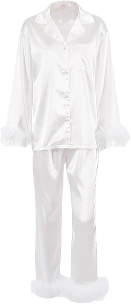 Damen-Pyjama-Set mit Federn, Seide, Satin, Nachtwäsche, langärmelig, Knopfleiste, Hemd, lange H... | Amazon (DE)