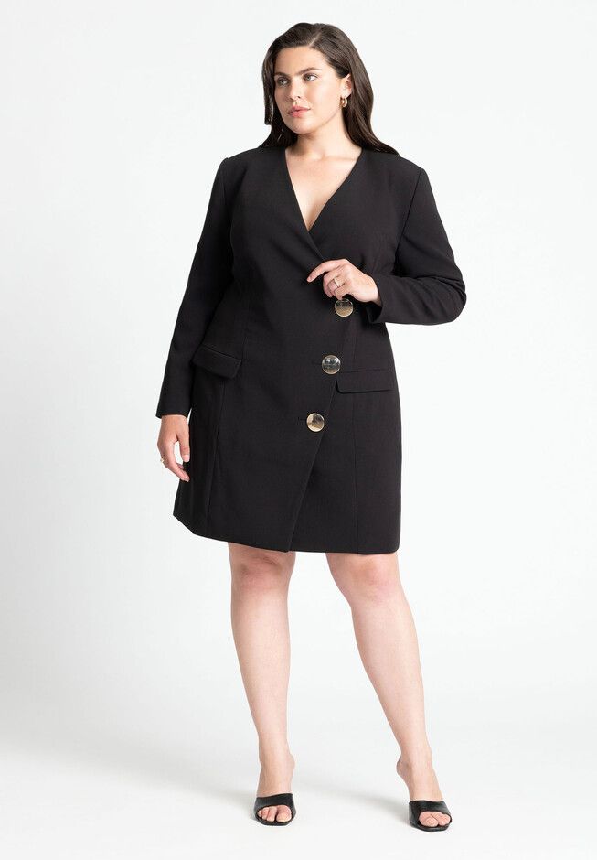 Strong Shoulder Mini Blazer With Gold Buttons | Eloquii