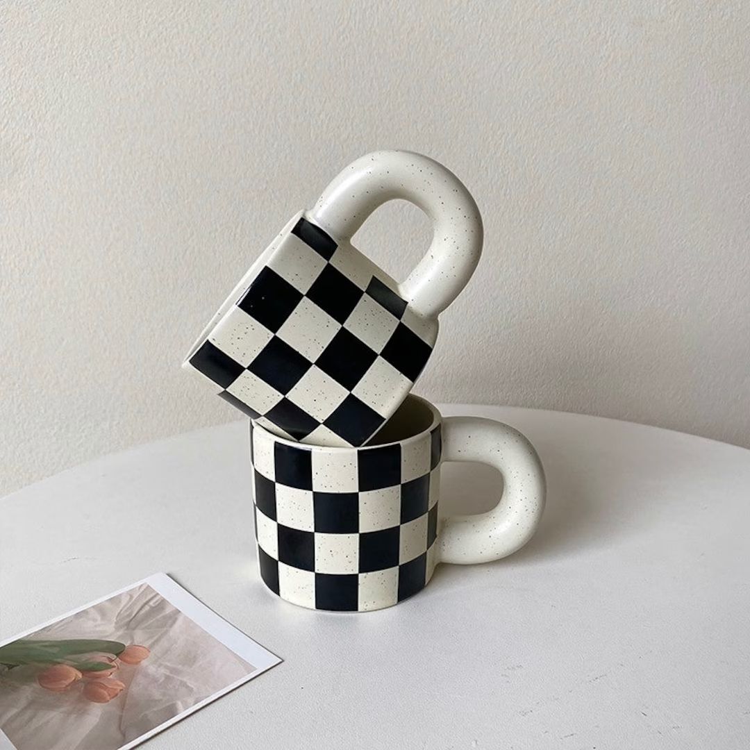 Ceramic Chubby Mug in 3 styles (Checkered, Dots, Beige Plain) | Etsy (US)