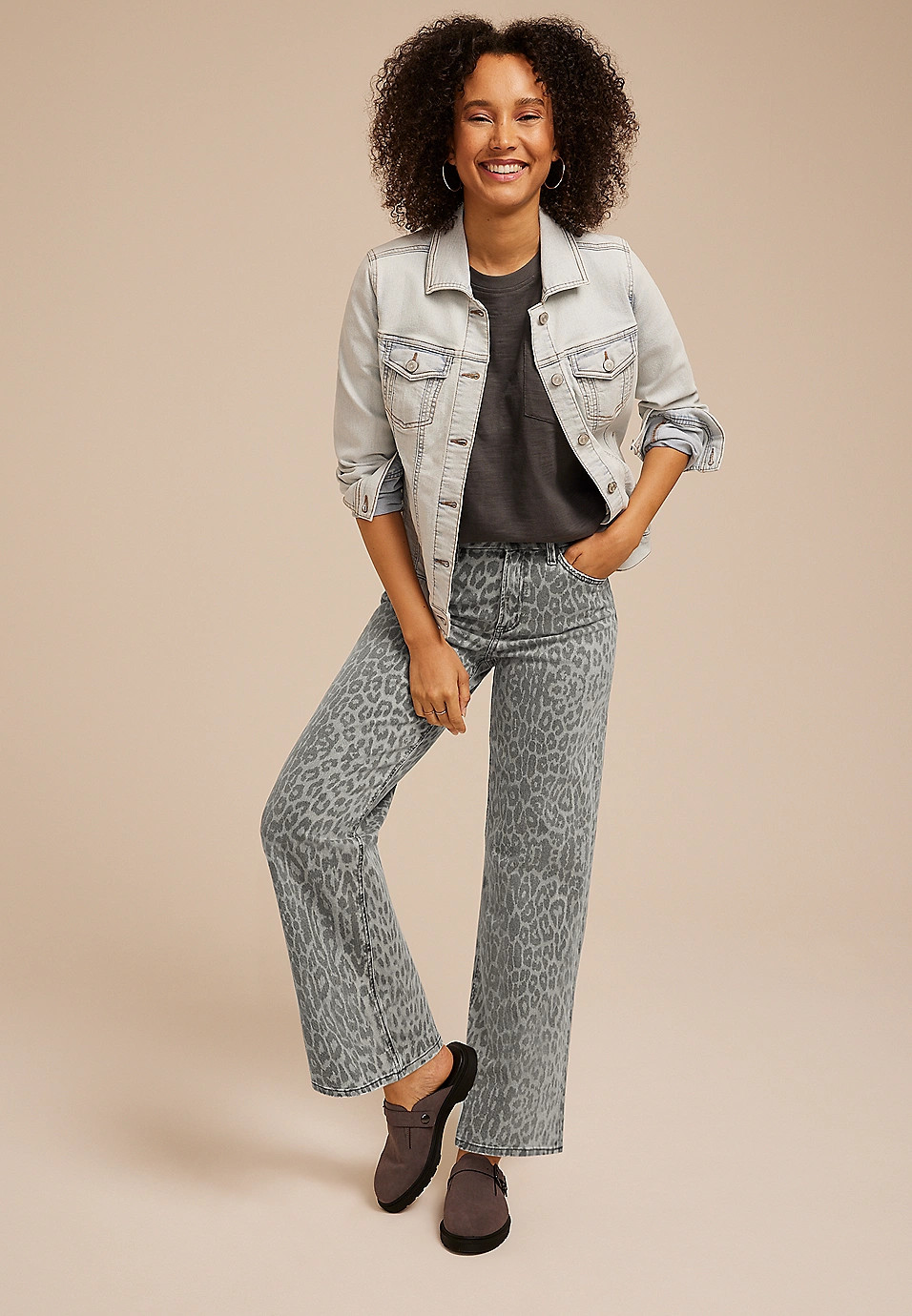 Flying Monkey™ Gray Leopard High Rise Wide Leg Jean | Maurices