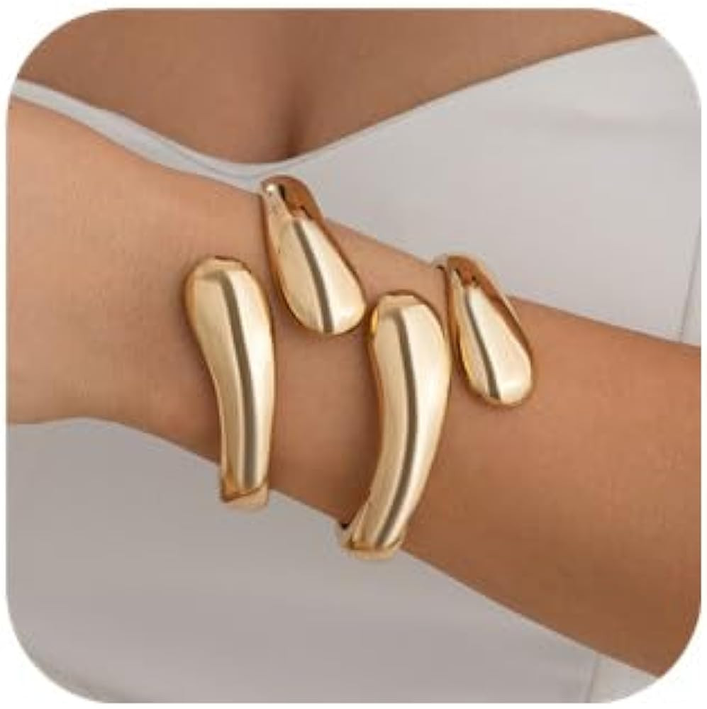 Gold Bangle Bracelets for Women Chunky Cuff Bracelet 18K Gold Plated Open Teardrop Bangle Set Wid... | Amazon (US)