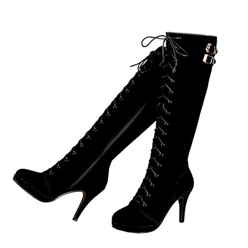 getmorebeauty Womens Knee High Boots Suede Buckle Rock Lace Up Zipped Thigh High Heel Boots | Amazon (US)