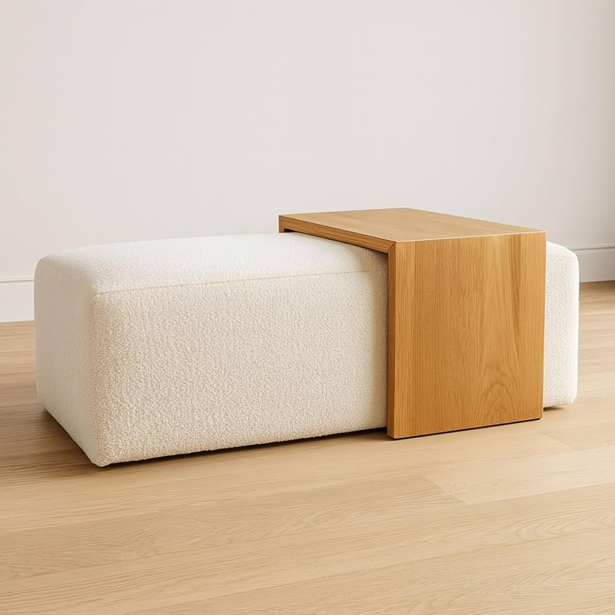 Boucle Upholstered Bench with Integrated Wood Side Table \u2013 Modern Home Decor Ottoman for Liv... | Amazon (US)