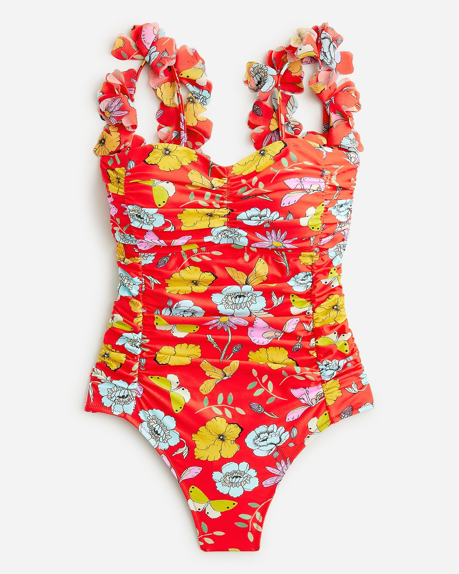 Dauphinette X J.Crew ruched flower-strap one-piece swimsuit in red blooms | J. Crew US