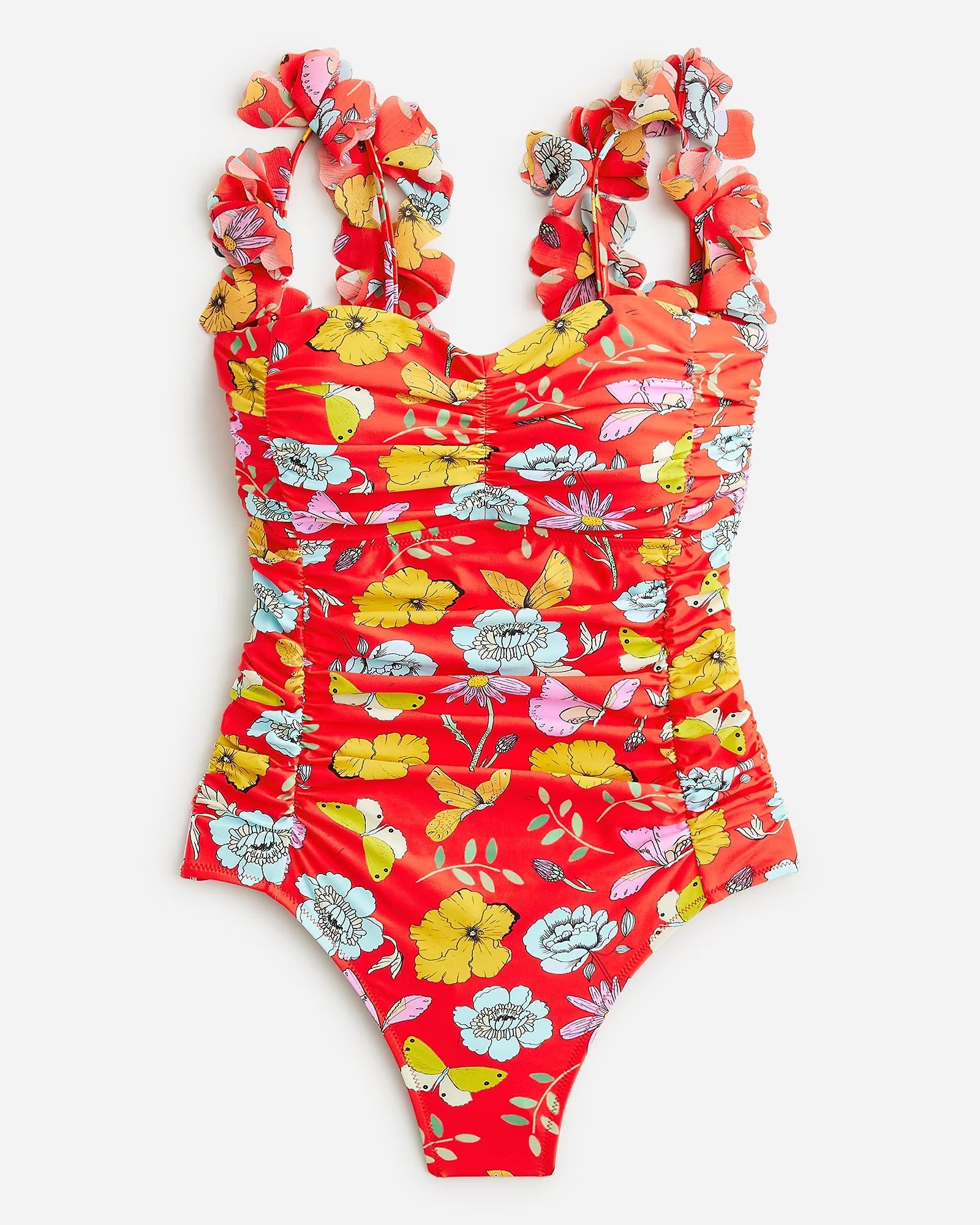 Dauphinette X J.Crew ruched flower-strap one-piece swimsuit in red blooms | J.Crew US