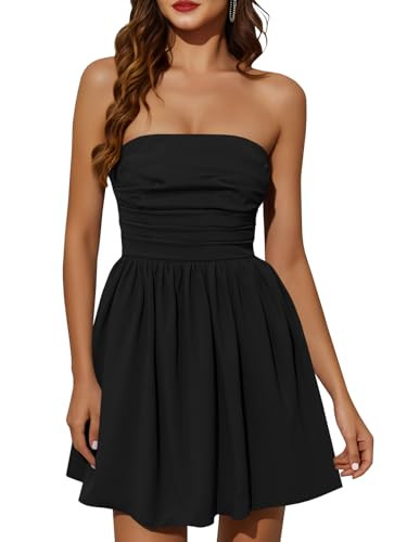 Wenrine Women's Sexy Strapless Summer Mini Dress Sleeveless Smocked A Lined Bubble Wedding Club Party Dress Black | Amazon (US)