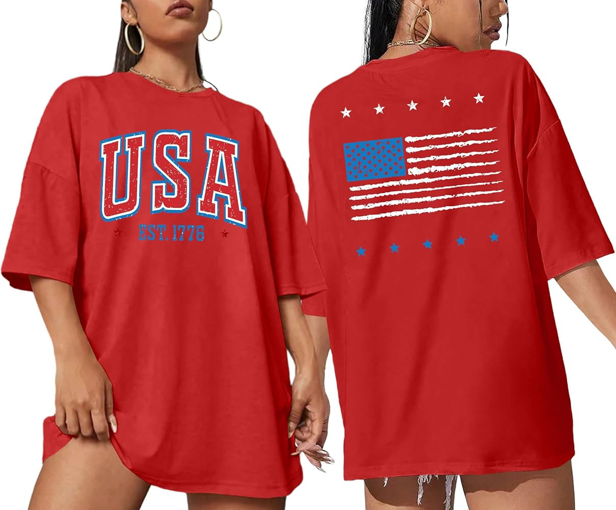 American Flag Shirt: Women 4th of July Oversized Tshirt USA Print Patriotic Shirt Stars Stripes S... | Amazon (US)