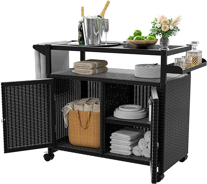 Xilingol Outdoor Bar Table, Wicker Bar Cart with Cabinet, Patio Serving Cart with Tempered Glass ... | Amazon (US)