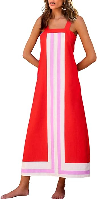 Womens Summer Maxi Dress Boho Striped Shoulder Strap Long Sundress Beach Cover Up Dress | Amazon (US)