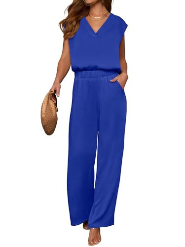 ANRABESS 2 Piece Sets for Women Lounge Outfits Summer V Neck Cap Sleeve Top Wide Leg Pants Vacation Beach Travel Set Royal Blue Medium | Amazon (US)