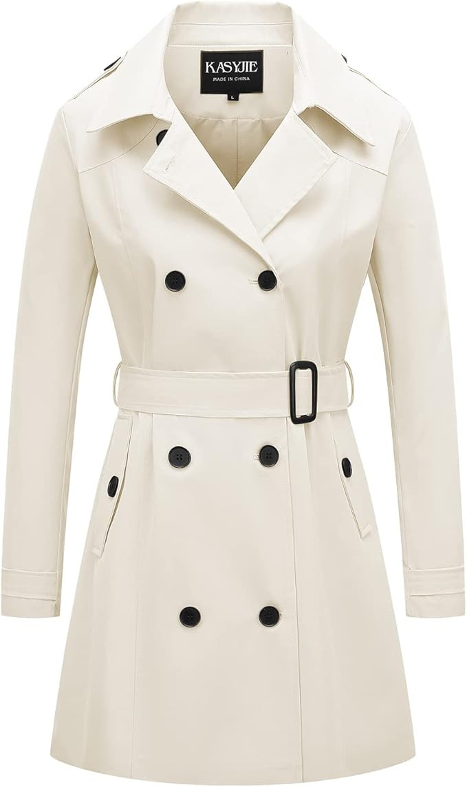 Kasyjie Women's Double-Breasted Waterproof Windbreaker Trench Coat Classic Lapel Overcoat Slim Ou... | Amazon (US)