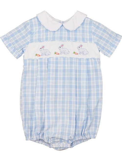 Blue Plaid Shadow Embroidered Bunny Bubble | Cecil and Lou