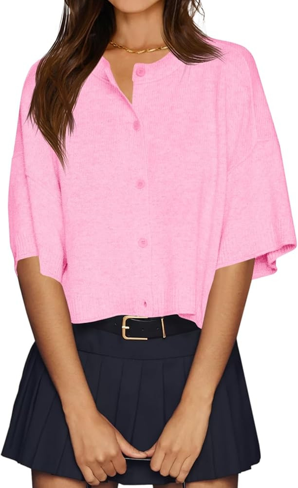 Cicy Bell Womens Half Sleeve Cardigan Sweaters Cropped Button Down Tops Oversized Lightweight Rib... | Amazon (US)
