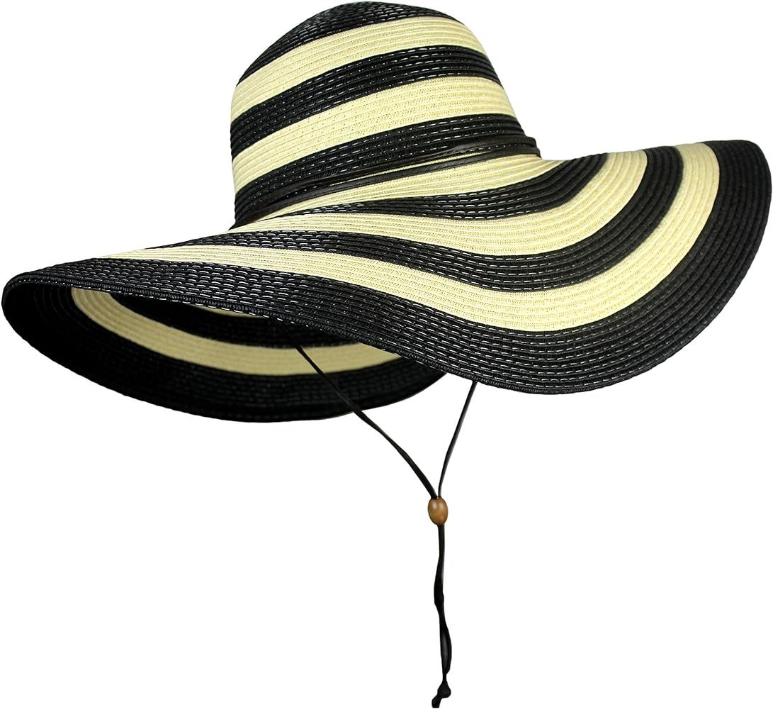 UPF 50+ Large Striped Straw Floppy Sun Hat- Adjustable Wide Brim Beach Hat with Chin Strap | Amazon (US)