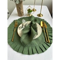 Green Linen Placemats, Round Placemats For Wedding Table Decor, Custom Placemats With Ruffle Various Colors 40+, Set 4, 6, 12 | Etsy (US)