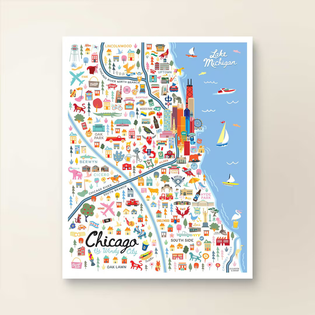 CHICAGO IL Map Art Wall Decor | City Map Chicago Illinois | Chicago Art Print Poster | Whimsical ... | Etsy (US)