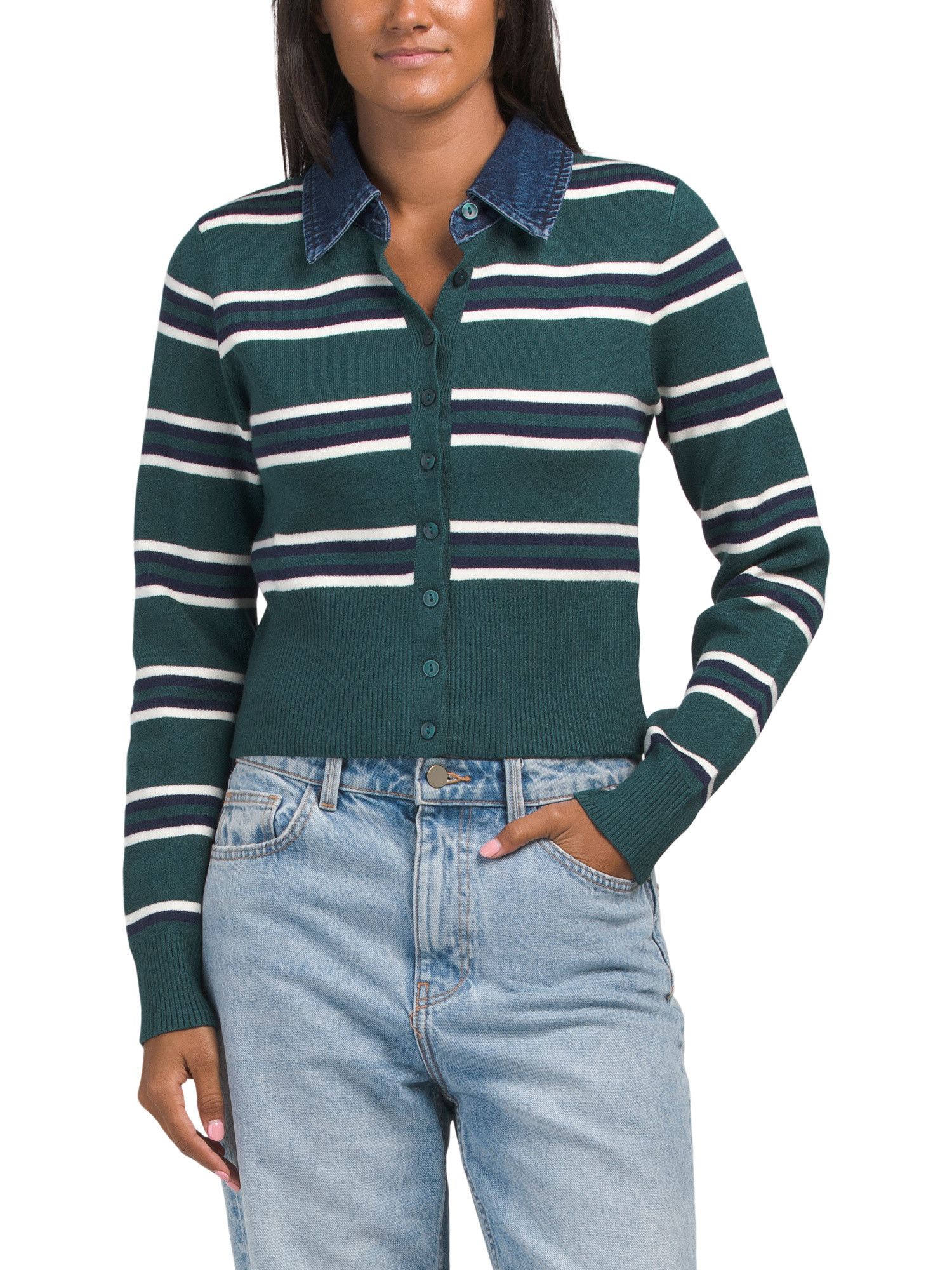 Stripe Long Sleeve Cardigan With Denim Collar | TJ Maxx