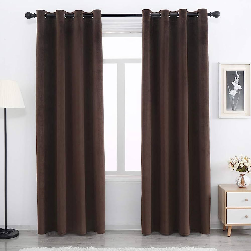SPXTEX Brown Velvet Blackout Curtains 63 inches Long Light Blocking Grommet Velvet Window Curtain... | Amazon (US)