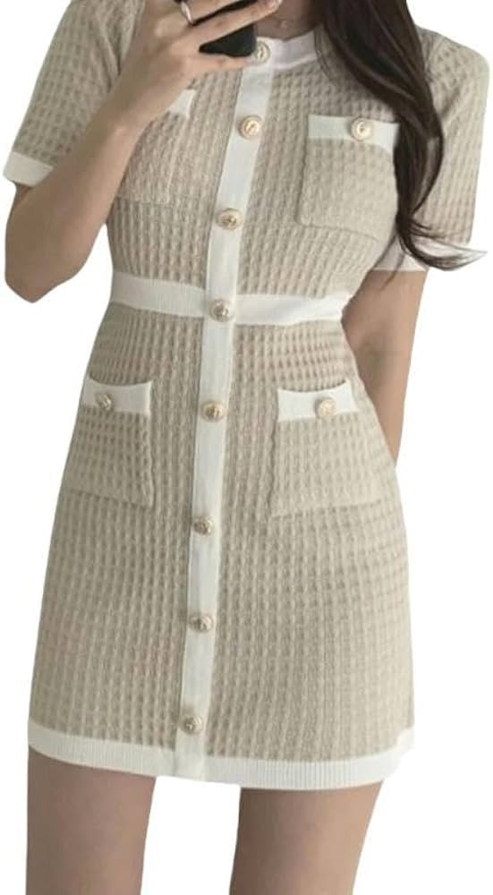 Knitted Dress Women's Contrast Dress Short Sleeve Fitted Dress Mini Round Neck Dress Holiday Dres... | Amazon (US)