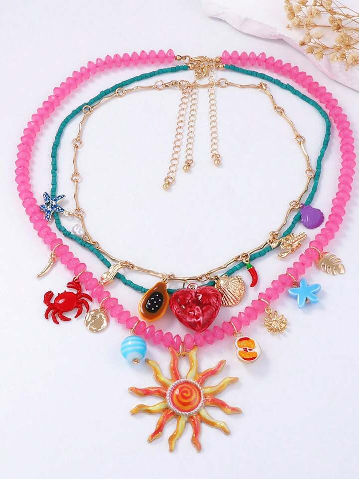 1pc Luxury Vacation Style Metal Crab, Shell, & Face Beaded Multi-Layer Necklace For Women | SHEIN