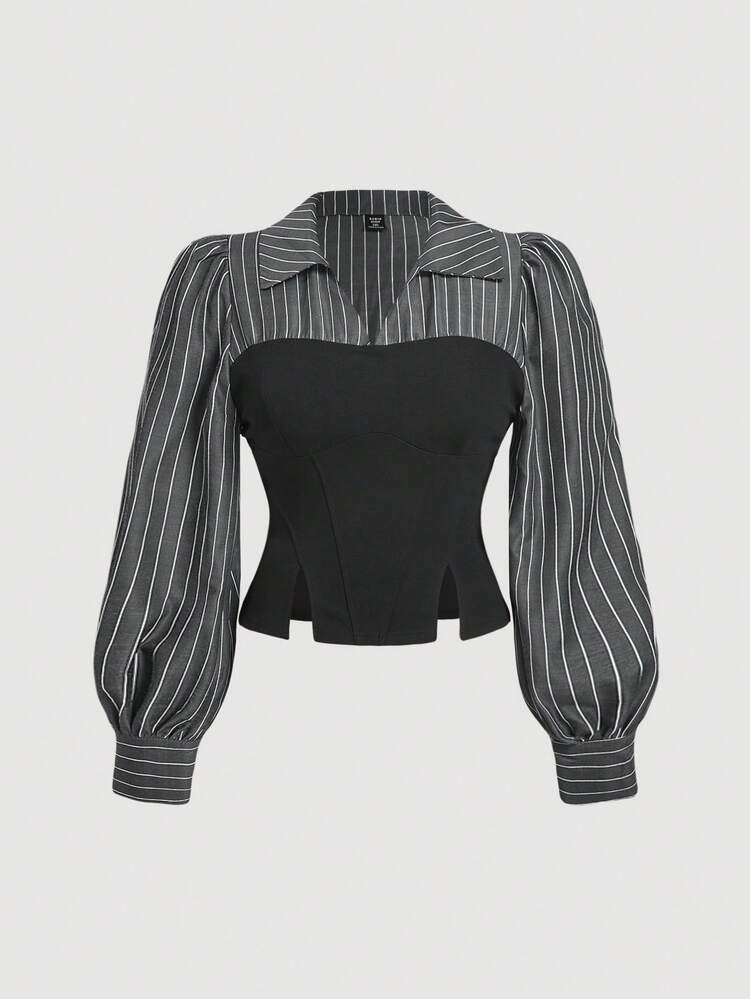 SHEIN MOD Plus Size Black & White Striped Patchwork Hem Slit Fitted Oblique Split Bustier Shirt | SHEIN