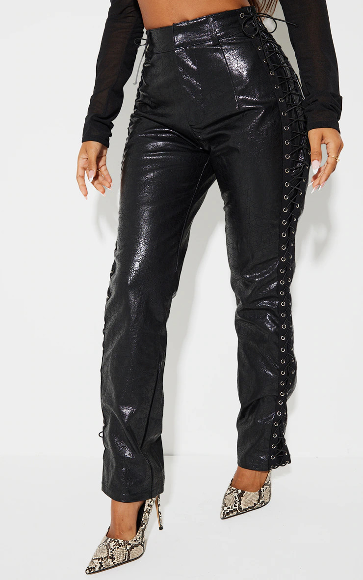 Petite Black Faux Leather Lace Up Straight Leg Pants | PrettyLittleThing US
