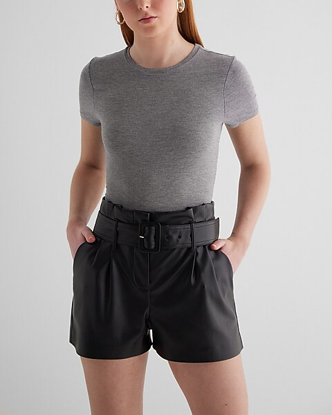 Super High Waisted Faux Leather Belted Paperbag Shorts | Express
