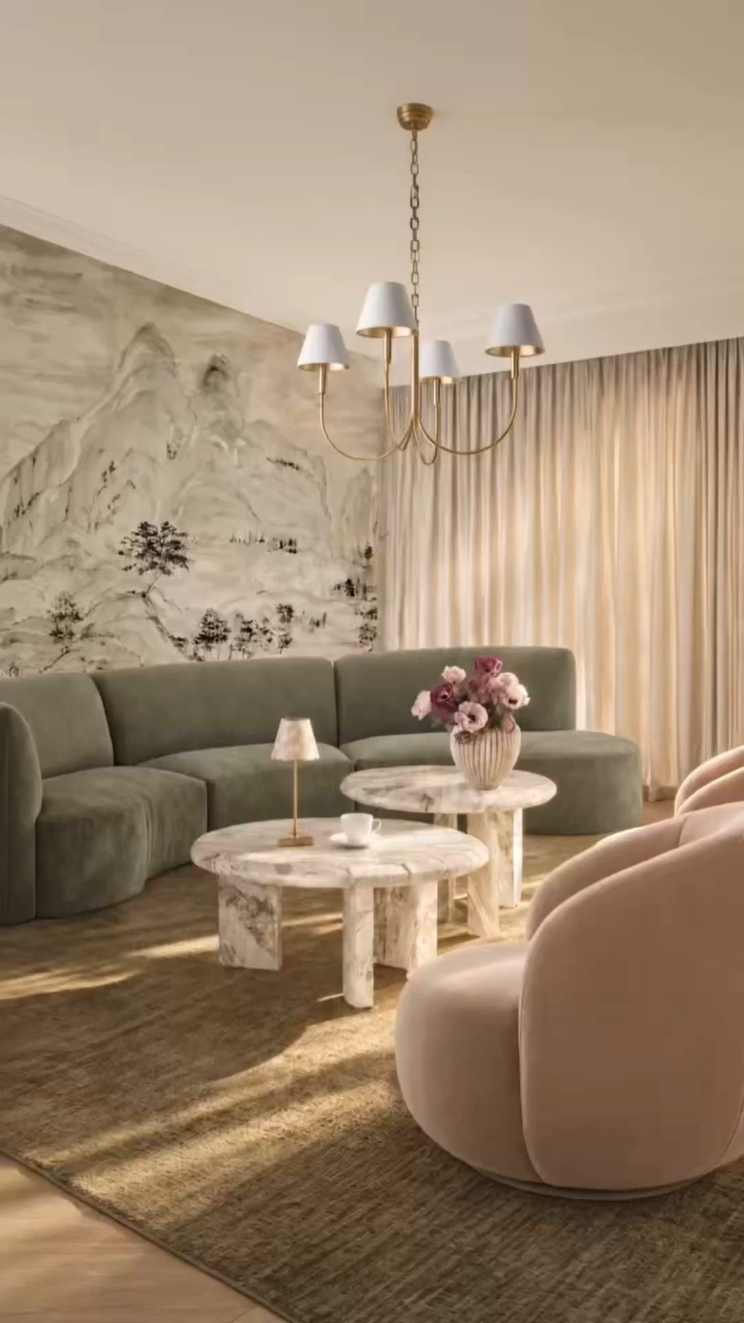 Morning coffee, softened by sunlight. As the white linen sheers open, the room fills with a calm morning glow—the perfect setting to slow down and enjoy a quiet cup of coffee. The green curved sofa and tonal green rug bring a fresh, grounded feeling, while the pink swivel accent chairs add a soft, playful contrast. Finished with sculptural marble coffee tables and an elegant chandelier, this green-and-pink palette feels serene, refined, and beautifully uplifting. The scenic wallpaper and lush garden view beyond the drapes add a storytelling layer to the space, bringing depth, interest, and a soothing sense of escape.

#MorningCoffee #LivingRoomDecor #CurvedSofa #GreenSofa #SwivelChair #AccentChair #GreenRug #MarbleCoffeeTable #WhiteLinenDrapes #SheerCurtains #Chandelier #GreenAndPink #ColorPalette #ScenicWallpaper #ModernClassic #LTKHome

#LTKdayinmylife #LTKHome #LTKSaleAlert
