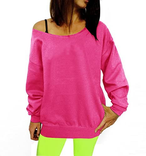 Smile Fish Women's Sexy Hot Pink 80s Outfit Sweatshirt Off Shoulder Solid Long Tunics Top,S | Amazon (US)