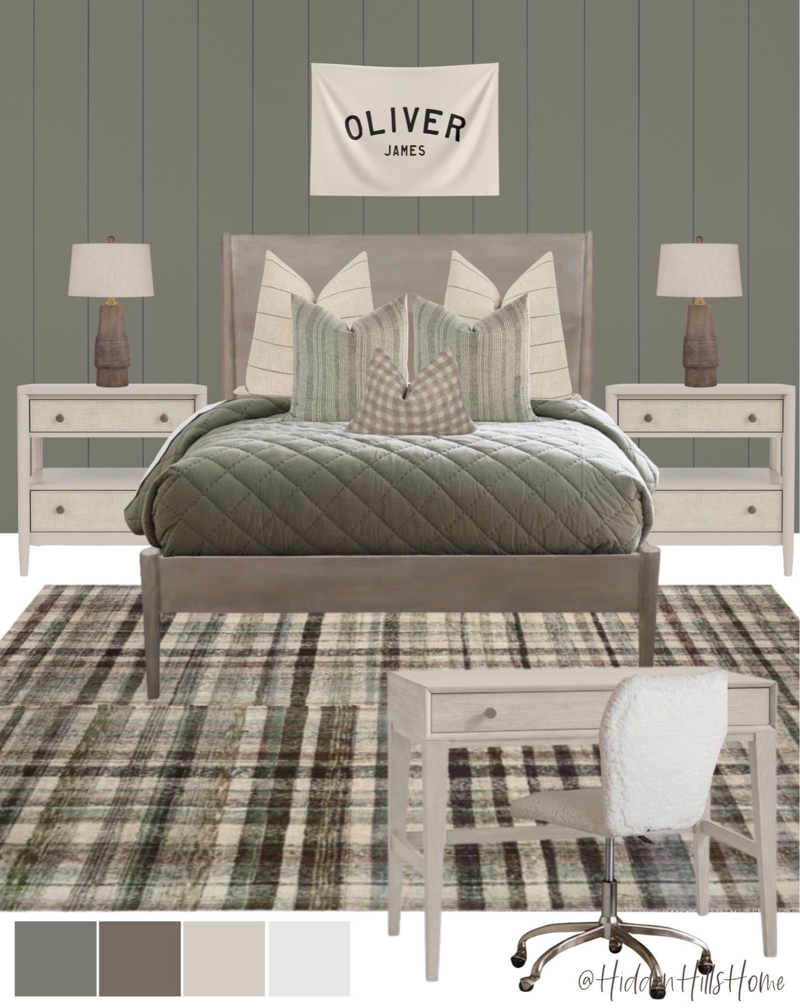 Boys bedroom decor mood board, boys room decor ideas, boys room design with green tones, home decor #boysbedroom
Wall color is SW Link Gray