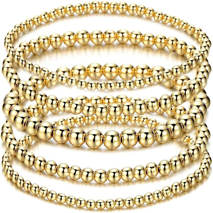 ARATLENCH Gold Beaded Bracelet for Women 14 K Gold Plated Ball Beads Bracelet Stack Stretch Strin... | Amazon (US)