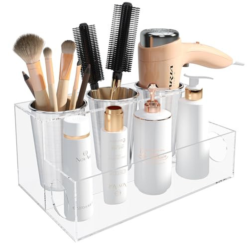PITBVO Hair Tool Organizer, Clear Acrylic Hair Dryer Holder with Insulated Cup, Bathroom Supplies Countertop Blow Dryer Holder, Vanity Caddy Storage Stand for Accessories, Makeup, Toiletries | Amazon (US)