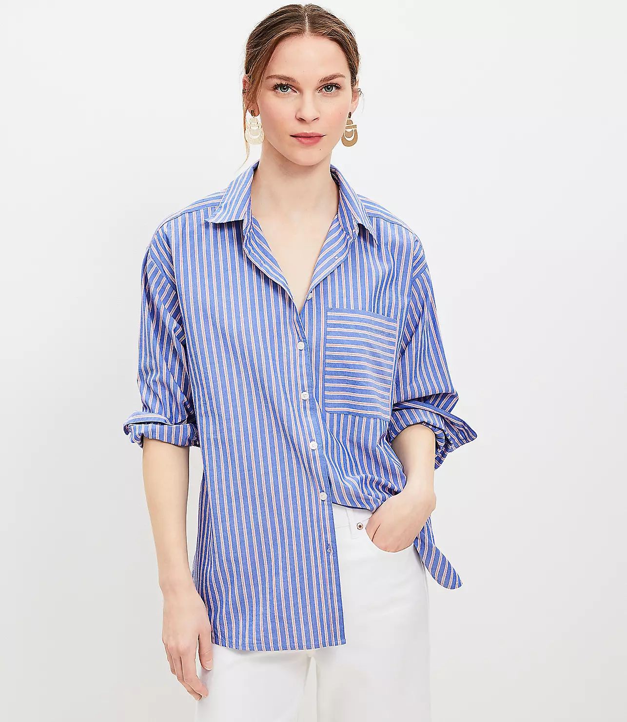 Striped Cotton Blend Oversized Pocket Shirt | LOFT