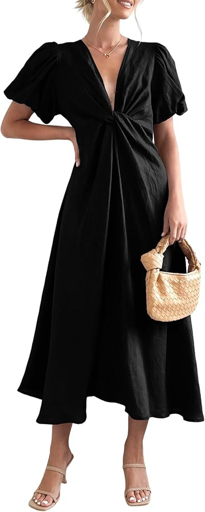 Women Puff Sleeve Maxi Dress Twist Front V Neck Long Dresses Casual Summer Beach Midi Dress | Amazon (US)