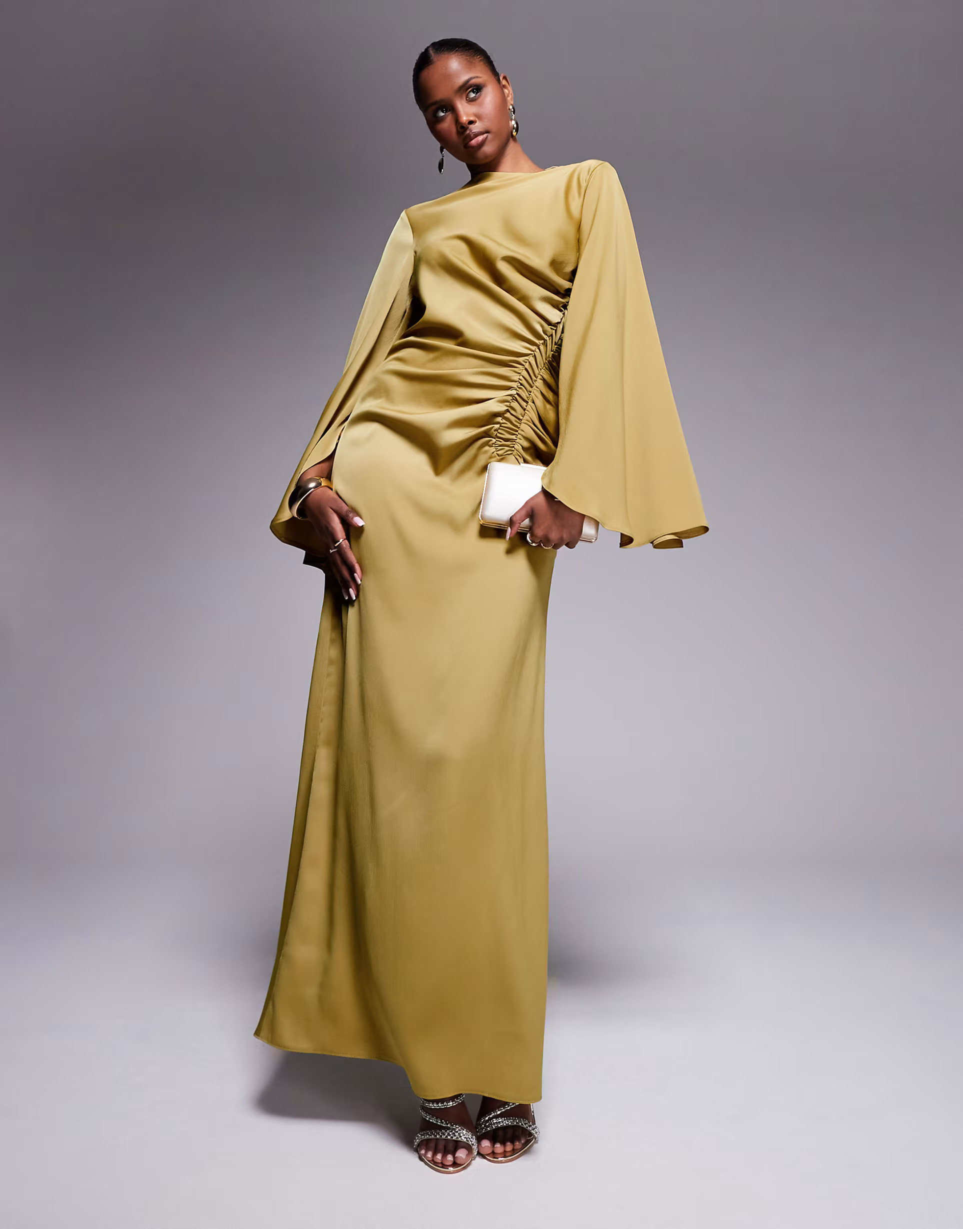 ASOS DESIGN exaggerated sleeve bias maxi dress with ruched waist in gold | ASOS (Global)