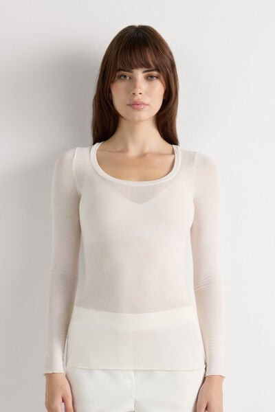 Intimissimi Long Sleeve Scoop Neck Top in Ultralight Modal with Cashmere Woman Ivory Size L | Intimissimi (US)