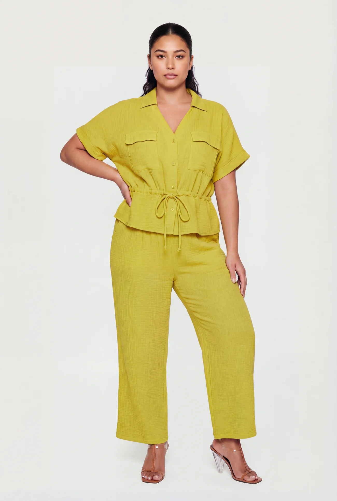 Plus Size Gauze Knit Tie Waist Buttont Front Shirt | Rainbow Shops