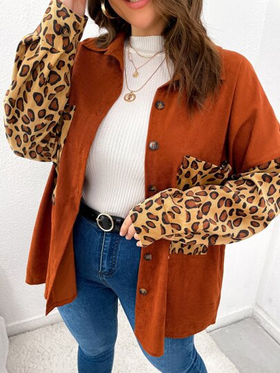 Plus Leopard Panel Drop Shoulder Corduroy Jacket | SHEIN