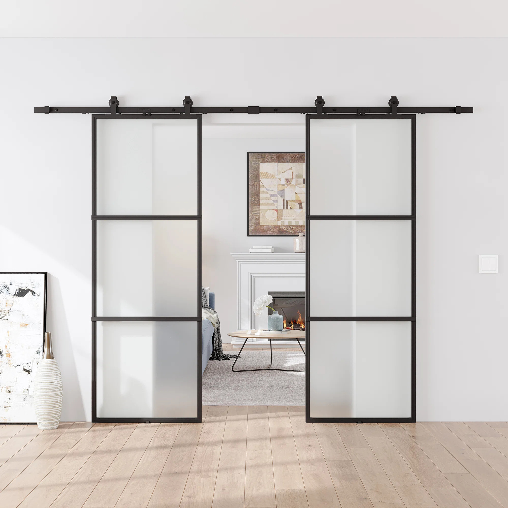 Metal and Glass Sliding Double Barn Door with Installation Hardware Kit (Soft-close Included) | Wayfair North America