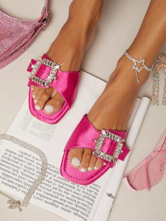 Satin Rhinestone Decor Square Toe Slip On Flat Sandals | SHEIN