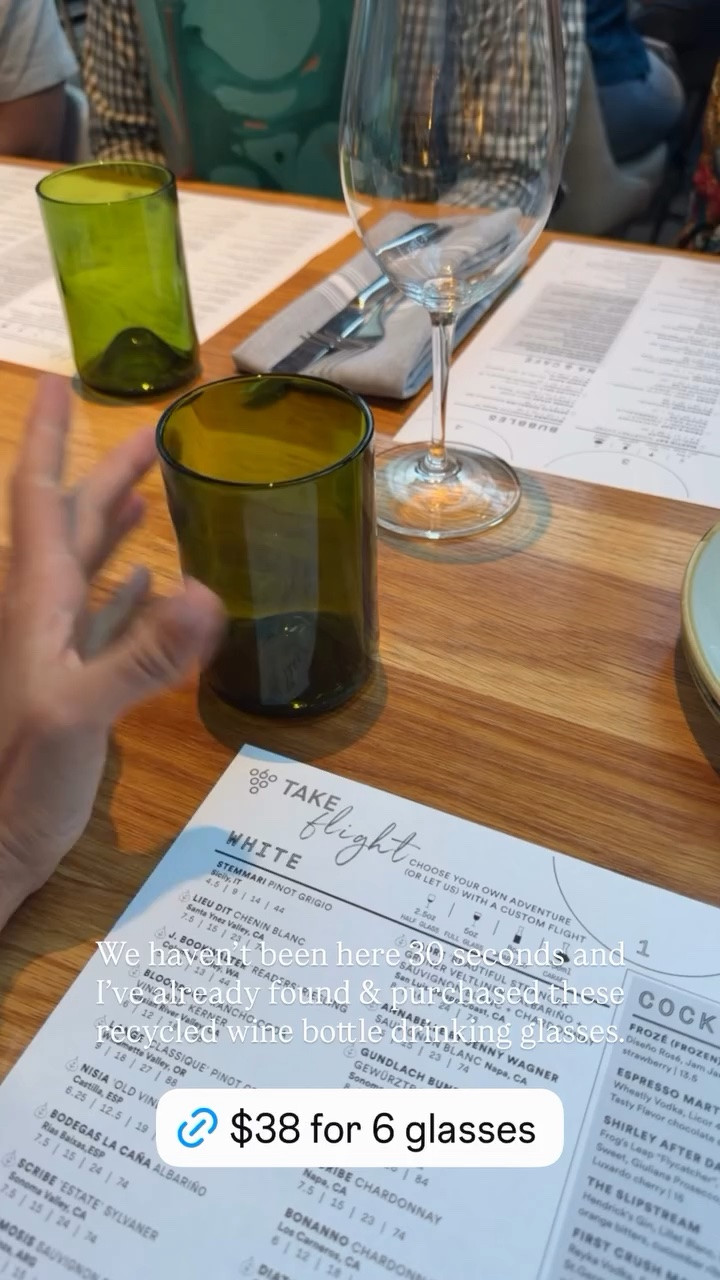 We haven’t been here 30 seconds and I’ve already found & purchased these recycled wine bottle drinking glasses.