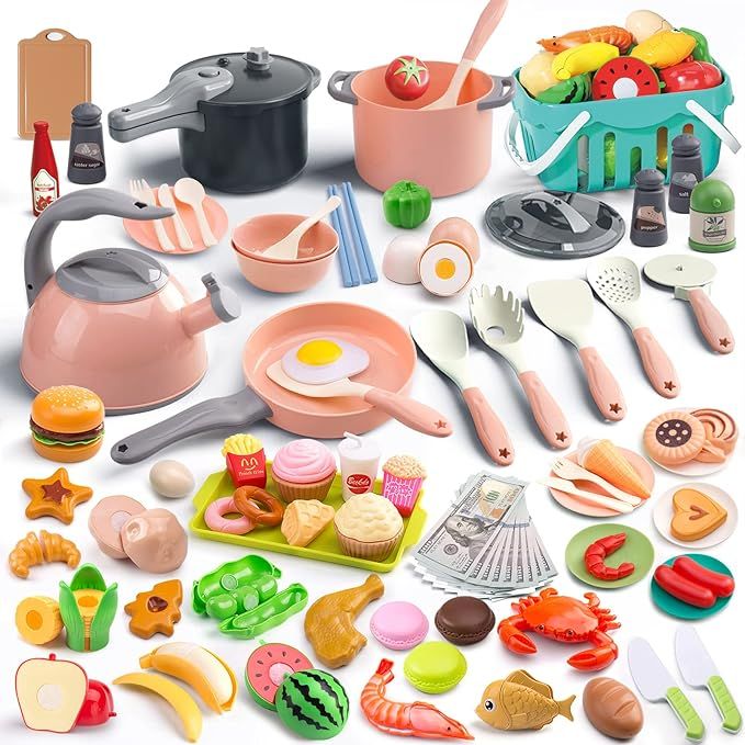 Funpynani 130Pcs Kitchen Playset, Toddler Pretend Cooking Play Pots, Pans, Utensils Cookware, Dai... | Amazon (US)