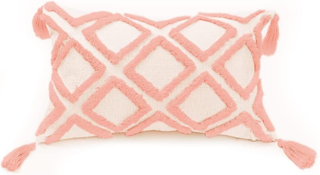 PLWORLD Boho Pink Lumbar Throw Pillow Cover 12x20 Inch with Tassels, Moroccan Tufted Cream Chenil... | Amazon (US)