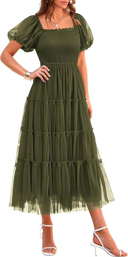 PRETTYGARDEN Women's Smocked Midi Tulle Dress 2025 Summer Puffy Short Sleeve Square Neck Ruffle W... | Amazon (US)
