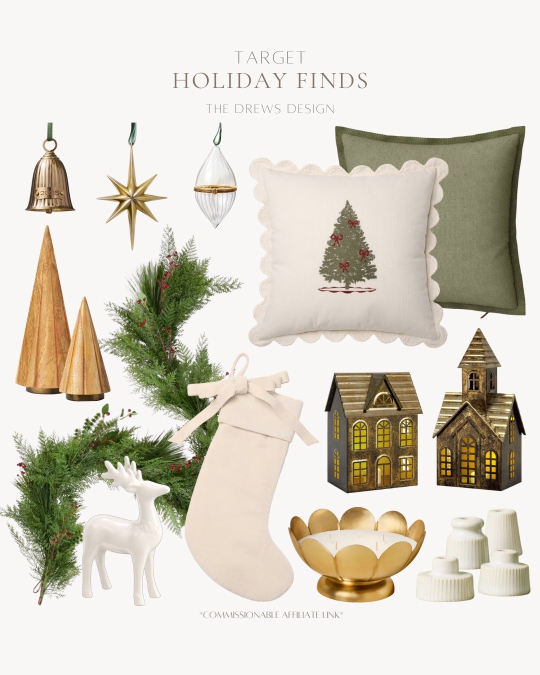 Holiday finds from Target include throw pillows, garland, gold ornaments, wooden trees, candle stick holders, scalloped candle, Christmas village, and stocking.

Neutral Christmas decor, neutral holiday decor, holiday home

#LTKSeasonal #LTKHoliday #LTKHome
